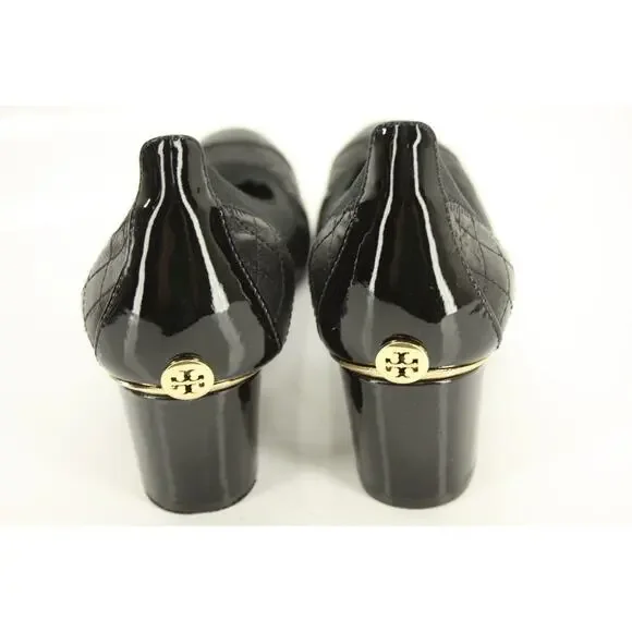 Tory Burch Black Leather Carrie Cap Toe Ballet Heels Pumps Size 7.5 Logo